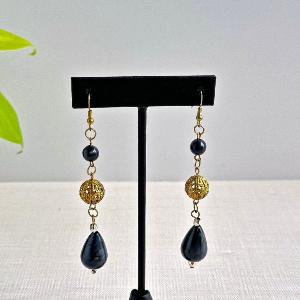 Black & Gold Dangle Earrings With Teardrop & Round Beads with Hook Backs